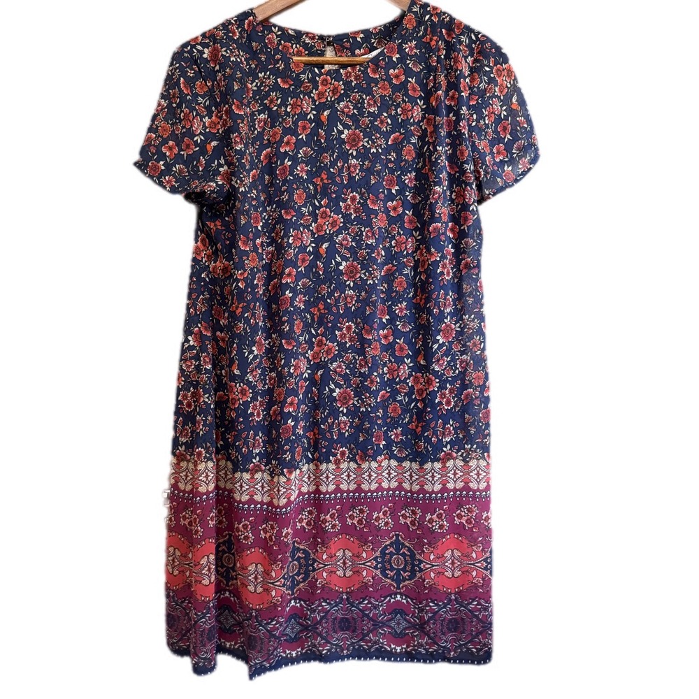 Speechless‎ Floral Border Hem Shift Dress Womens Large Navy Red Excellent Boho